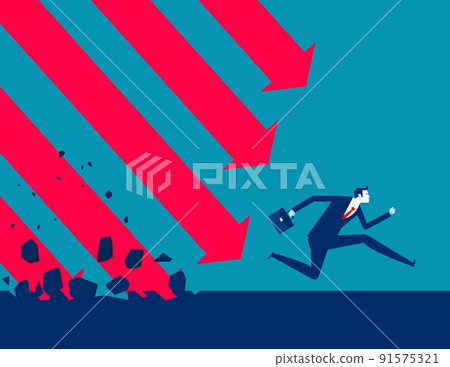 Fleeing a falling arrows destroying the ground. Business accident and disasters concept Fleeing a falling arrows destroying the ground. Business accident and disasters concept 91575321