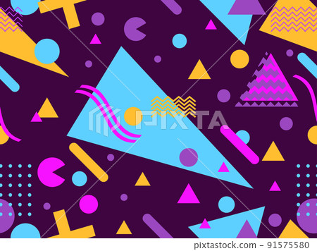 Geometric seamless pattern in 80s style. Background with colorful geometric shapes in memphis style. Design of promotional products, wrapping paper and printing. Vector illustration Geometric seamless pattern in 80s style. Background with colorful geometric shapes in memphis style. Design of promotional products, wrapping paper and printing. Vector illustration 91575580