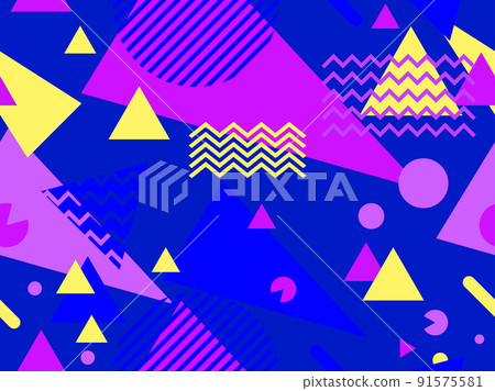 Geometric seamless pattern in 80s style. Background with colorful geometric shapes in memphis style. Design of promotional products, wrapping paper and printing. Vector illustration Geometric seamless pattern in 80s style. Background with colorful geometric shapes in memphis style. Design of promotional products, wrapping paper and printing. Vector illustration 91575581