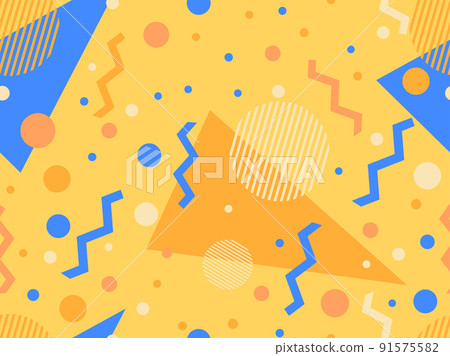 Geometric seamless pattern in 80s style. Background with colorful geometric shapes in memphis style. Design of promotional products, wrapping paper and printing. Vector illustration Geometric seamless pattern in 80s style. Background with colorful geometric shapes in memphis style. Design of promotional products, wrapping paper and printing. Vector illustration 91575582