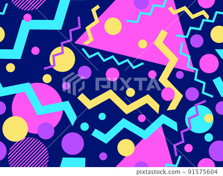 Memphis seamless pattern with geometric shapes in 80s style. Colorful geometric pattern. Design of promotional products, wrapping paper and printing. Vector illustration 91575604