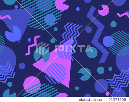 Memphis seamless pattern with geometric shapes in 80s style. Colorful geometric pattern. Design of promotional products, wrapping paper and printing. Vector illustration 91575606