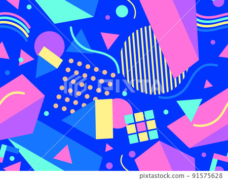 80s seamless pattern with geometric shapes in memphis style. Circles and triangles. Colorful abstract background for printing on promotional items, banners and wrapping paper. Vector illustration 80s seamless pattern with geometric shapes in memphis style. Circles and triangles. Colorful abstract background for printing on promotional items, banners and wrapping paper. Vector illustration 91575628