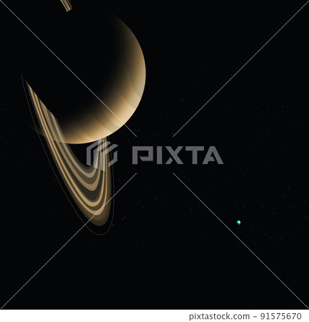 gas giant with rings on dark space 91575670