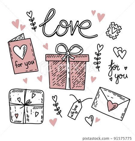 Set of vector hand drawn elements about love. Happy Valentine's Day background with pink Set of vector hand drawn elements about love. Happy Valentine's Day background with pink 91575775
