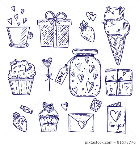 Set of vector blue hand drawn elements about love. Happy Valentine's Day background 91575776
