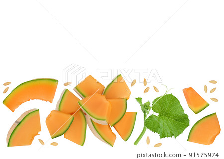 Cantaloupe melon isolated on white background with full depth of field. Top view with copy space for your text. Flat lay 91575974