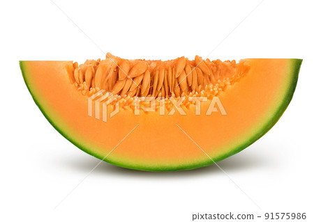 Cantaloupe melon piece isolated on white background with full depth of field. Cantaloupe melon piece isolated on white background with full depth of field. 91575986