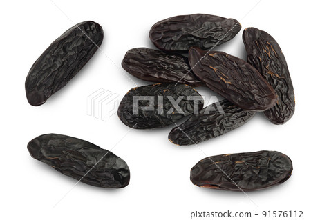 Tonka bean isolated on white background with full depth of field. Bean of Dipteryx odorata. Top view. Flat lay 91576112
