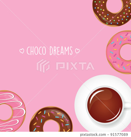 sweet breakfast colorful donut with sprinkles and hot chocolate 91577089