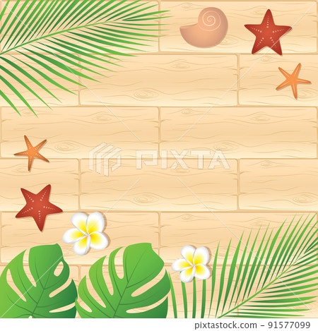 summer holiday design palm leaves starfish and shell on wooden background summer holiday design palm leaves starfish and shell on wooden background 91577099