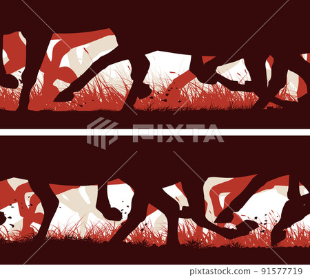 Horizontal banners of silhouette of galloping horses and grass. 91577719