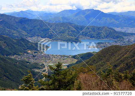 從禦坂山看河口湖和富士山腳下的城市 從禦坂山看河口湖和富士山腳下的城市 91577720