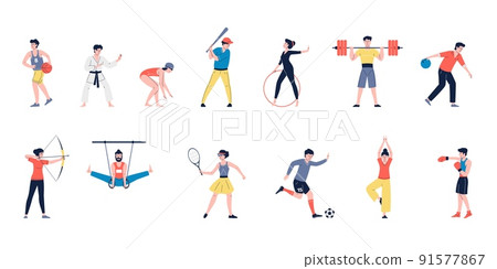 Sport people characters. Fun sports man and women, healthy athletics person. Sportsman training and doing exercise, recent athlete vector set 91577867
