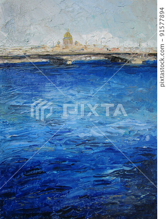 Blue water of a Neva river, Saint Petersburg, oil painting 91577894