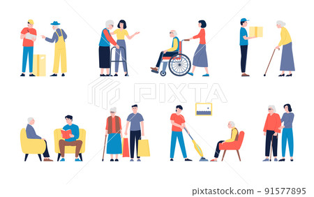 Social workers. Elderly seniors care volunteers, teenager volunteering. Person volunteer support old people. Man in wheelchair, charity recent vector team 91577895