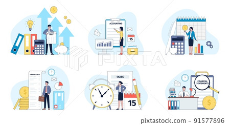 Accounting and tax. Taxes calculation, finances declaration. Business balance, businessman with receipt. Banking corporate recent vector scenes 91577896