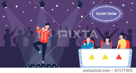 Tv talent show. Judges on contest television music, singing musical audition. Cartoon musician on stage, reality entertainment for crowd recent vector scene 91577901