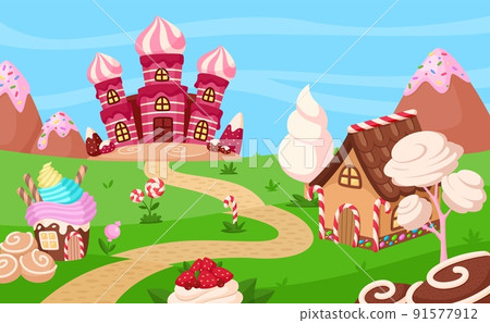 Sweet candy game location. Chocolate candies, biscuits home and dessert cartoon castle. Kids gaming background, fairy tale garish vector panorama 91577912