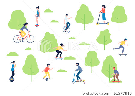Active people in park. Spring activities, person ride bicycle or skateboard. Outdoor activity on nature, family walk on nature recent vector scene 91577916