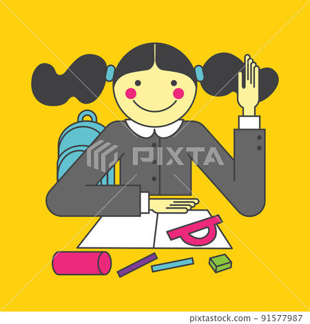Smart little girl putting up her hand in class to answer a question. Flat vector illustration on yellow background. Smart little girl putting up her hand in class to answer a question. Flat vector illustration on yellow background. 91577987