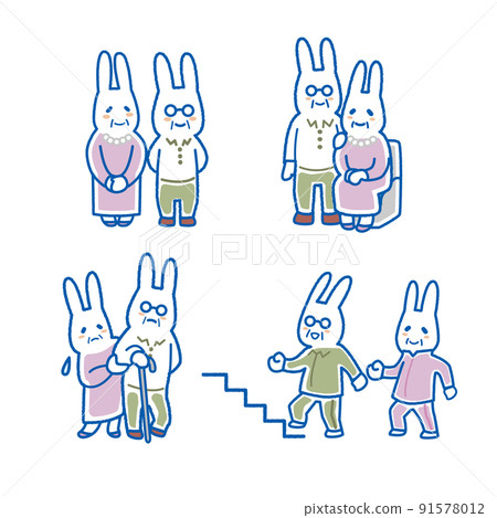 Elderly pose illustration set Rabbit 91578012