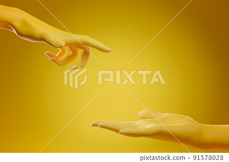 Two yellow hands reaching one another over yellow background. Concept of support, care, love, protection and connection between people. 3D rendering 91578028