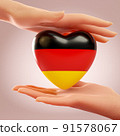 Two hands holding heart with flag of Germany. Concept of love, freedom, independence and country support. 3D rendering. 91578067
