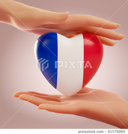 Two hands holding heart with flag of France. Concept of love, freedom, independence and country support. 3D rendering. 91578069