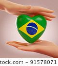 Two hands holding heart with flag of Brazil. Concept of love, freedom, independence and country support. 3D rendering. 91578071