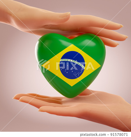 Two hands holding heart with flag of Brazil. Concept of love, freedom, independence and country support. 3D rendering. 91578071