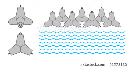 Two projections of concrete tetrapod and two rows of tetrapods near the water. Flat vector illustration isolated on white. 91578180