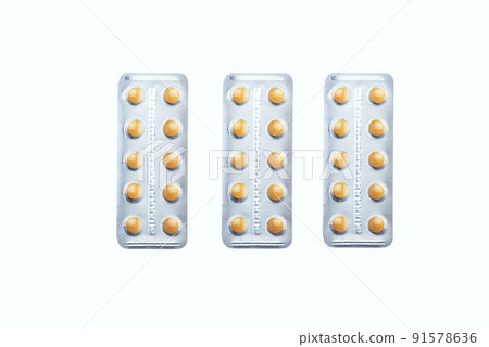 Packs antibiotics and pills top view. Pills packaging 91578636