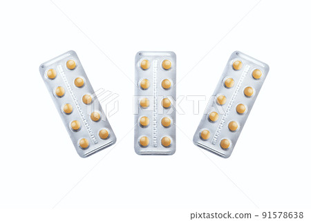 Packs antibiotics and pills top view. Pills packaging 91578638