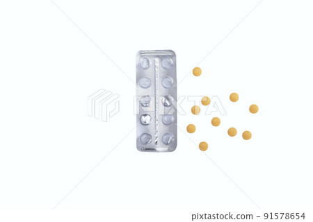 Empty packs antibiotics and pills near it. Top view. Empty packaging. 91578654