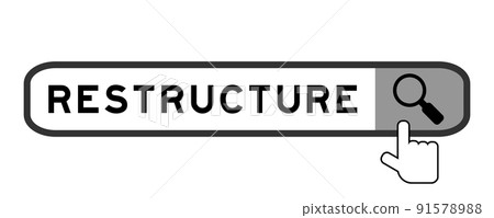 Search banner in word restructure with hand over magnifier icon on white background Search banner in word restructure with hand over magnifier icon on white background 91578988