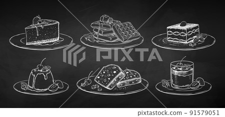 Chalk illustrations of desserts and cakes 91579051