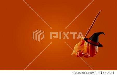 3d render. Autumn composition mocap. Pumpkin witch hat and broom. Autumn halloween concept. 3d illustration 91579084