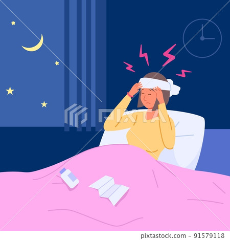 Night headache. Sad woman suffering pain head, sleepless night on bed female under blanket suffer sick insomnia disease migraine fatigue restless alone nights, vector illustration 91579118