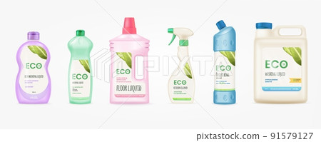 Labels for detergent bottle. Mockup cleaner bottles with label, disinfectants polypropylene package labeling branding washing cleaning chemical eco friendly products 3d tidy vector 91579127