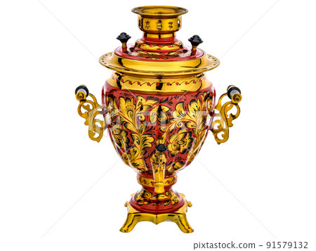Old Vintage metal Traditional Russian Teapot samovar isolated on white. Folk utensils for tea drinking, water boiler. Dishes with handmade painting floral ornament 91579132