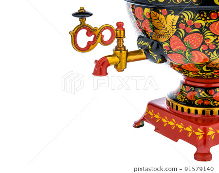 Old Vintage metal Traditional Russian Teapot samovar isolated on white. Folk utensils for tea drinking, water boiler. Dishes with handmade painting floral ornament Old Vintage metal Traditional Russian Teapot samovar isolated on white. Folk utensils for tea drinking, water boiler. Dishes with handmade painting floral ornament 91579140