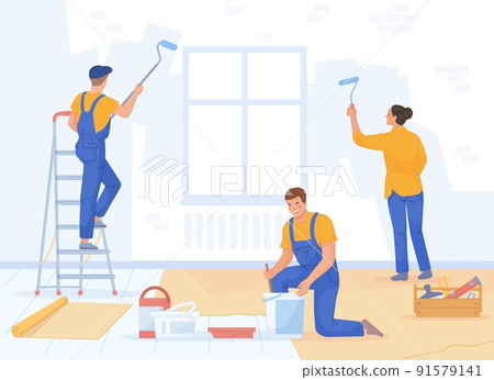 Paint repair team. Decorative repairment plaster of house room, craftsman master renovate putty wall apartment, process maintenance builder Paint repair team. Decorative repairment plaster of house room, craftsman master renovate putty wall apartment, process maintenance builder 91579141