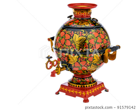 Old Vintage metal Traditional Russian Teapot samovar isolated on white. Folk utensils for tea drinking, water boiler. Dishes with handmade painting floral ornament Old Vintage metal Traditional Russian Teapot samovar isolated on white. Folk utensils for tea drinking, water boiler. Dishes with handmade painting floral ornament 91579142