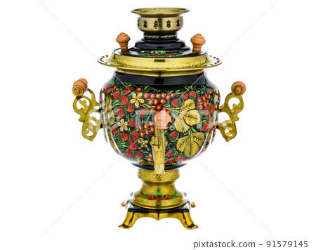 Old Vintage metal Traditional Russian Teapot samovar isolated on white. Folk utensils for tea drinking, water boiler. Dishes with handmade painting floral ornament 91579145