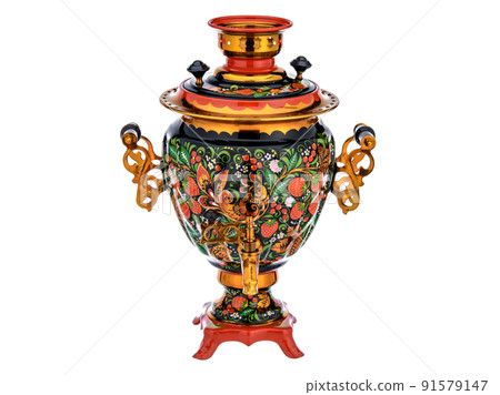 Old Vintage metal Traditional Russian Teapot samovar isolated on white. Folk utensils for tea drinking, water boiler. Dishes with handmade painting floral ornament 91579147