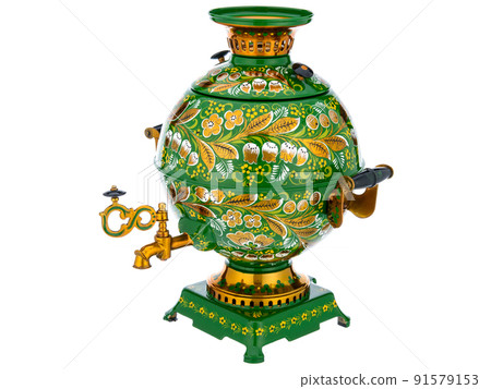 Old Vintage metal Traditional Russian Teapot samovar isolated on white. Folk utensils for tea drinking, water boiler. Dishes with handmade painting floral ornament 91579153