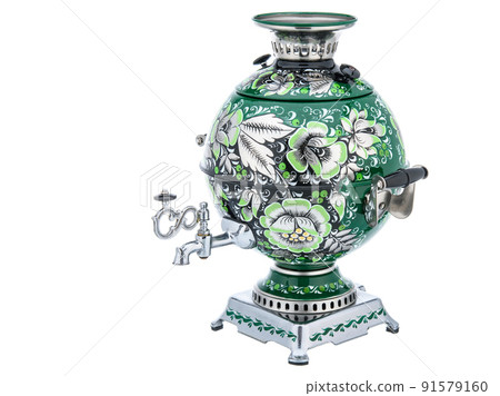 Old Vintage metal Traditional Russian Teapot samovar isolated on white. Folk utensils for tea drinking, water boiler. Dishes with handmade painting floral ornament Old Vintage metal Traditional Russian Teapot samovar isolated on white. Folk utensils for tea drinking, water boiler. Dishes with handmade painting floral ornament 91579160
