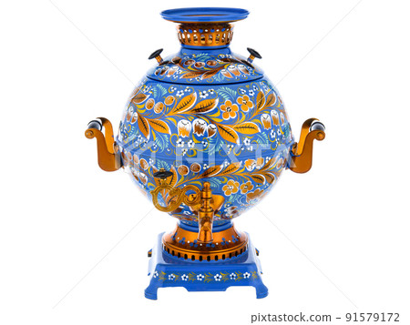 Old Vintage metal Traditional Russian Teapot samovar isolated on white. Folk utensils for tea drinking, water boiler. Dishes with handmade painting floral ornament Old Vintage metal Traditional Russian Teapot samovar isolated on white. Folk utensils for tea drinking, water boiler. Dishes with handmade painting floral ornament 91579172