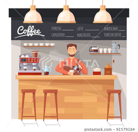 Barista at coffee counter. Owner worker cafe shop pouring latte cup, espresso maker machine high quality, small business bar restaurant hipster lifestyle neat vector illustration 91579184